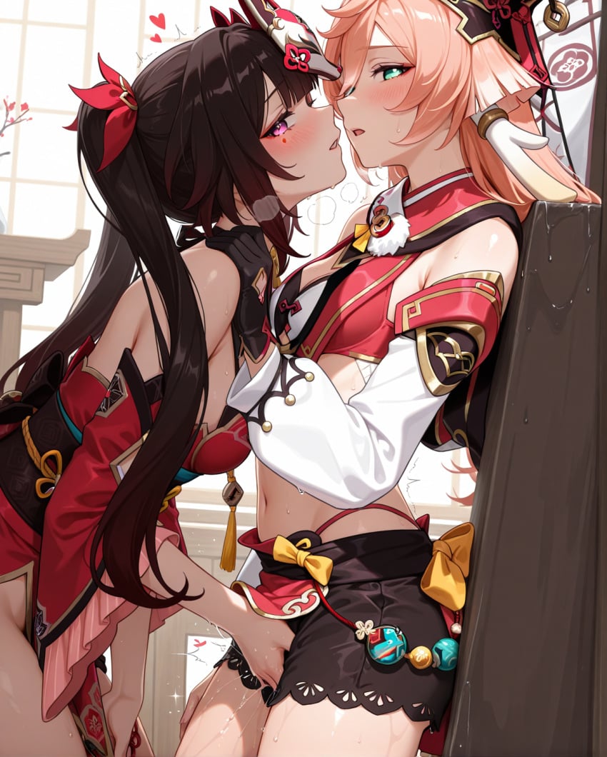 2girls ai_generated black_hair blush crossover female genshin_impact green_hair hand_on_pussy honkai:_star_rail honkai_(series) legs light_skin only_girl open_mouth pink_eyes pink_hair sparkle_(honkai:_star_rail) yanfei_(genshin_impact) yuri