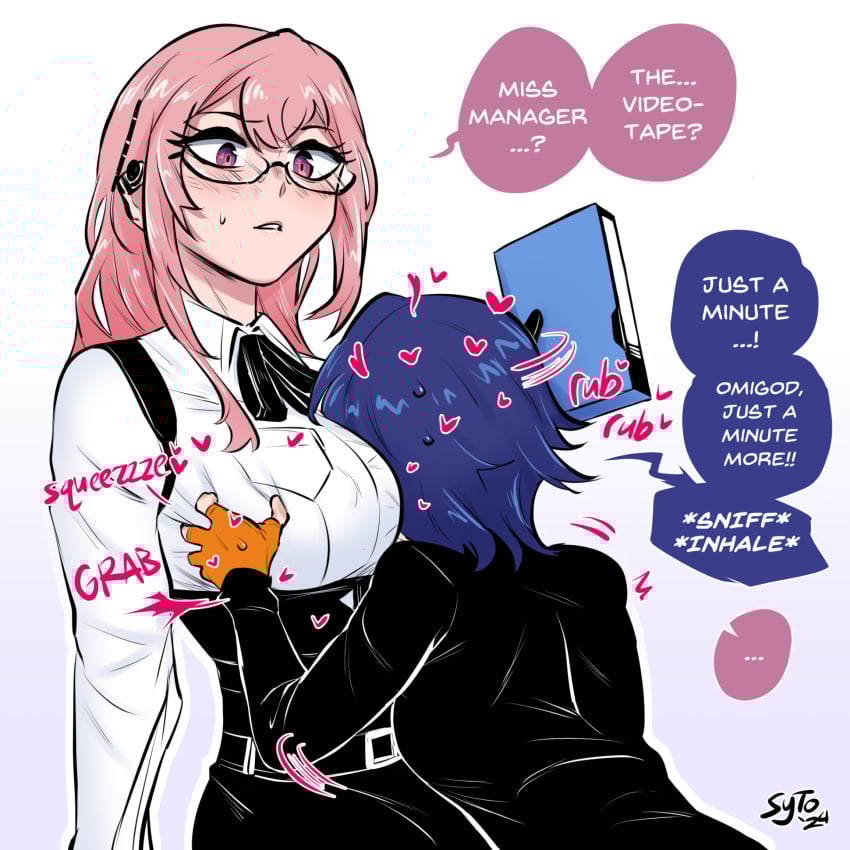 ... 2girls belle_(zenless_zone_zero) between_breasts black_ribbon black_shirt blue_hair blush book breasts commentary english_commentary english_text face_between_breasts female female_pervert fingerless_gloves gloves grabbing_another&#039;s_breast gradient_background groping head_between_breasts heart highres large_breasts long_hair long_sleeves looking_at_another looking_down multiple_girls neck_ribbon orange_gloves parted_lips pervert pink_hair purple_eyes ribbon shirt short_hair smelling speech_bubble spoken_ellipsis sweat sytokun tsukishiro_yanagi underbust upper_body white_shirt yuri zenless_zone_zero