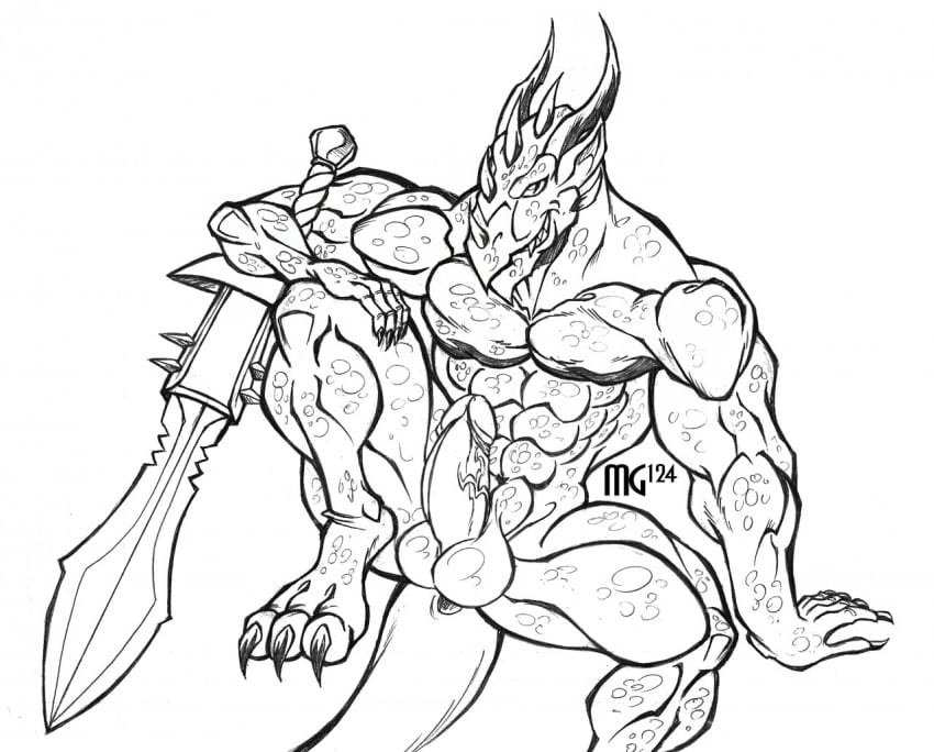 1boy 2013 abs anthro balls battle biceps big_muscles big_penis chest claws dragon erection fangs fight hindpaw horn looking_at_viewer male male_only monochrome musclegod124 muscles nude paws pecs penis plain_background pose red_eyes reptile ripped scales scalie sketch smile solo sword teeth toes toned topless varanis varanis_(character) varanis_blackclaw vectarr weapon