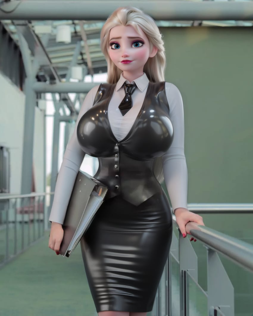 big_breasts blonde_hair blue_eyes edited elsa_(frozen) female frozen_(film) latex_clothing lipstick makeup office_lady single_braid