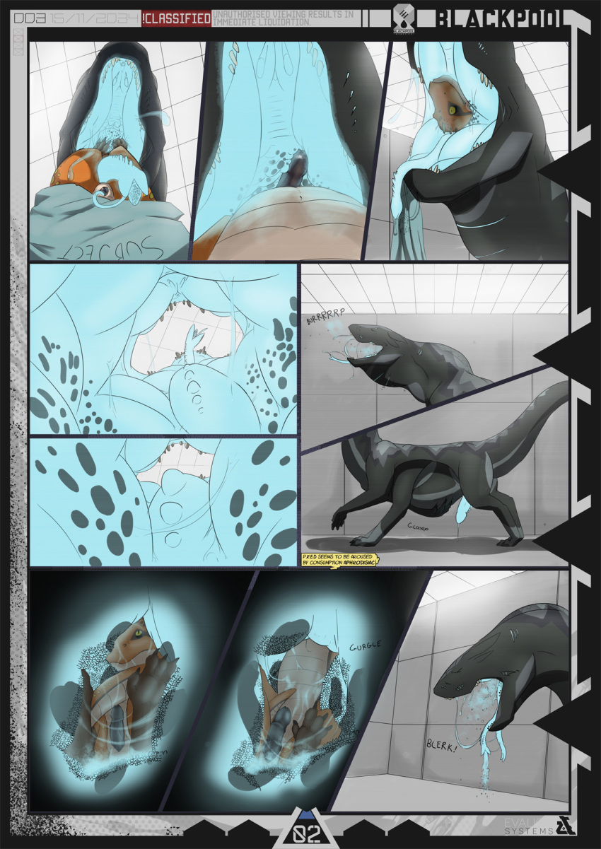 2013 anthro big_penis black_skin comic dragon english_text erection evalion feral furry furry_only gay internal lab long_tongue male multi_leg multi_limb page_2 penis saliva text tongue vore