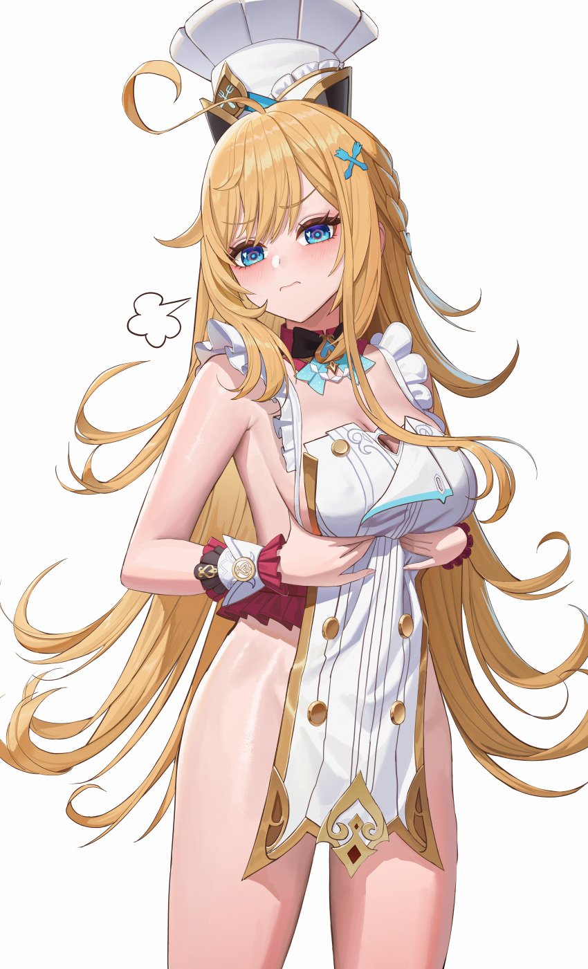 3: absurdres ahoge apron bare_arms bare_shoulders blonde_hair blue_eyes breasts chef_hat closed_mouth commentary_request cowboy_shot escoffier_(genshin_impact) female genshin_impact hair_ornament hat highres korean_commentary large_breasts long_hair looking_at_viewer naked_apron simple_background solo soul_(smfa2555) standing thighs very_long_hair white_apron white_background white_hat wrist_cuffs