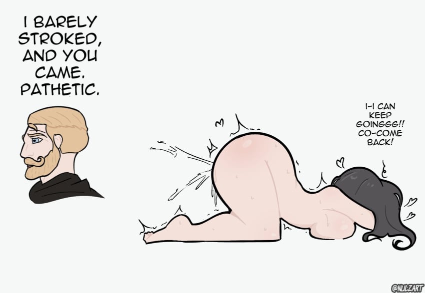 1boy 1girls 2d chad_(meme) english english_text female light-skinned_female light-skinned_male light_skin male meme meme_reference nulzart orgasm original original_character text yes_chad_(meme)
