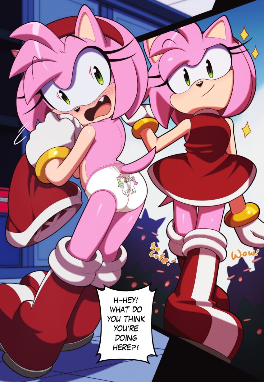 amy_rose ass back bare_back bare_legs blush boots bracelet dress embarrassed euf-dreamer eyelashes female flat_chest gloves green_eyes humiliation jewelry legs looking_back medium_hair multiple_boys oerba_yun_fang panties petite presenting presenting_ass print_panties red_dress sega smile socks sonic_(series) tail teen teen_girl teenage teenage_girl teenager underwear undressing unicorn