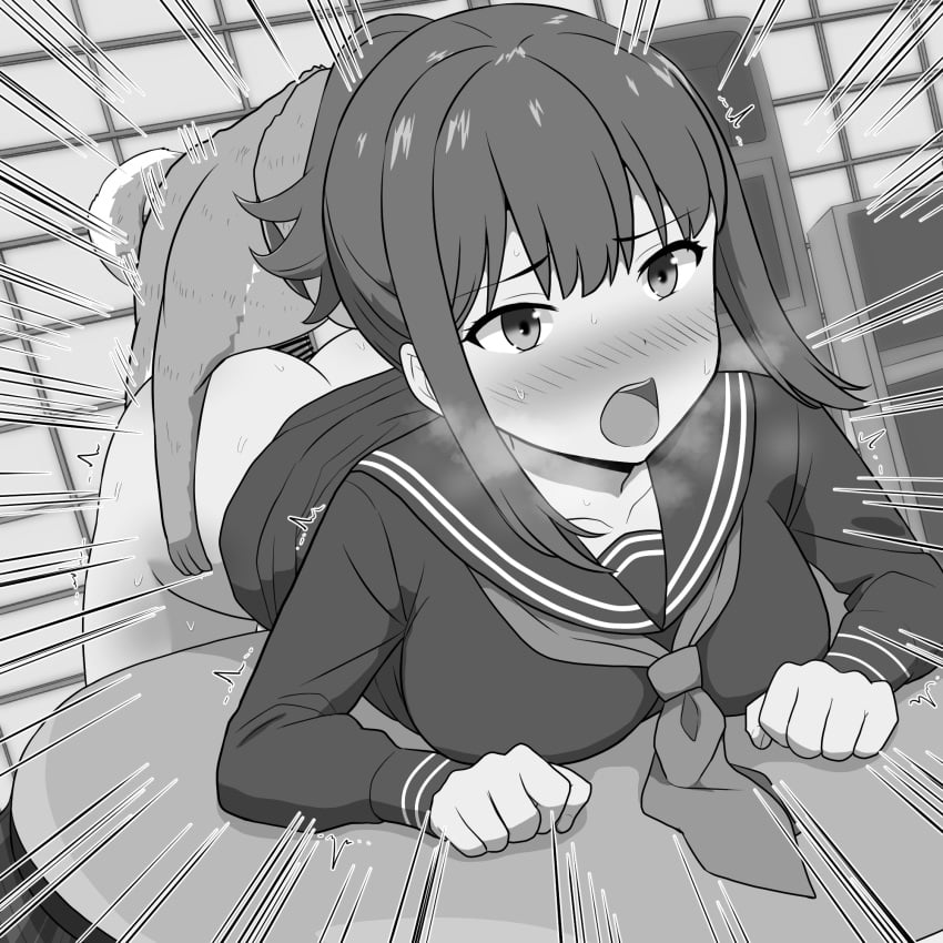 1boy 1girls aitsugu bar_censor bed bedroom blush breast_press canid canine canis cellphone clothed_sex doggy_style domestic_dog female feral interspecies long_hair looking_at_viewer male male/female monochrome open_mouth original penetration penis saliva school_uniform schoolgirl vaginal_insertion vaginal_penetration vaginal_sex zoophilia