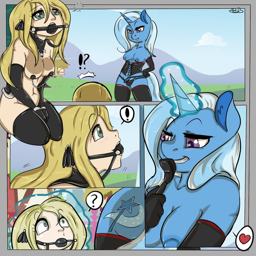 ! !? 2013 2girls 3d ? animal_ears anthro anthrofied artist_name ass ball_gag bangs bdsm blonde_hair blue_fur blue_hair bondage border bound breasts breasts_out cleavage cloud collarbone comic constricted_pupils crossover curly_hair cutie_mark cynthia_(pokemon) elbow_gloves equine female femdom femsub friendship_is_magic fur furry gag geeflakes grass green_eyes hair heart horn horse horse_ears horse_tail human kissing long_hair looking_up magic mountain my_little_pony nintendo nipples original payot pokemon pony purple_eyes sky smile speech_bubble surprised tears thighhighs trixie_(mlp) unicorn wand