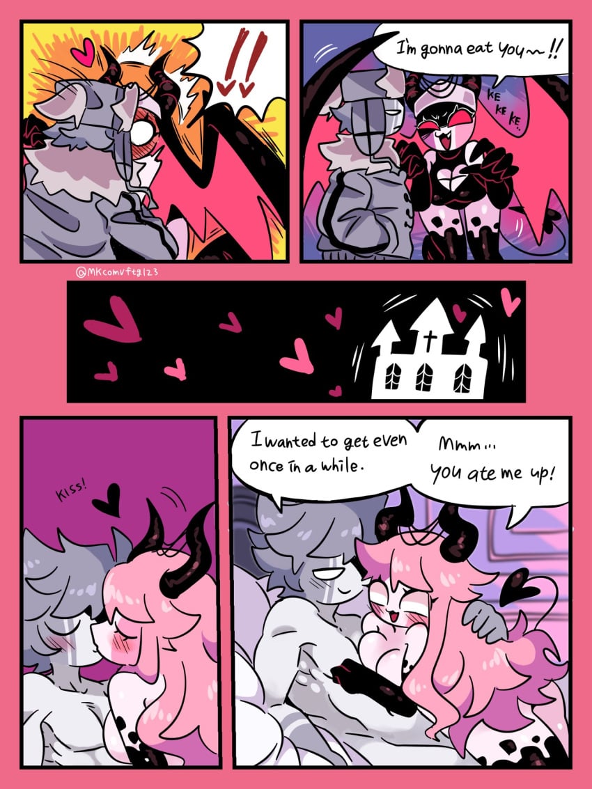 1boy 1girls after_sex bed bedroom comic couple cute demon demon_girl female friday_night_funkin gray_hair kissing male mkcomvftg123 nude nude_female nude_male nun pink_hair pink_skin ruv_(dokki.doodlez) sarvente_(dokki.doodlez) succubus wholesome