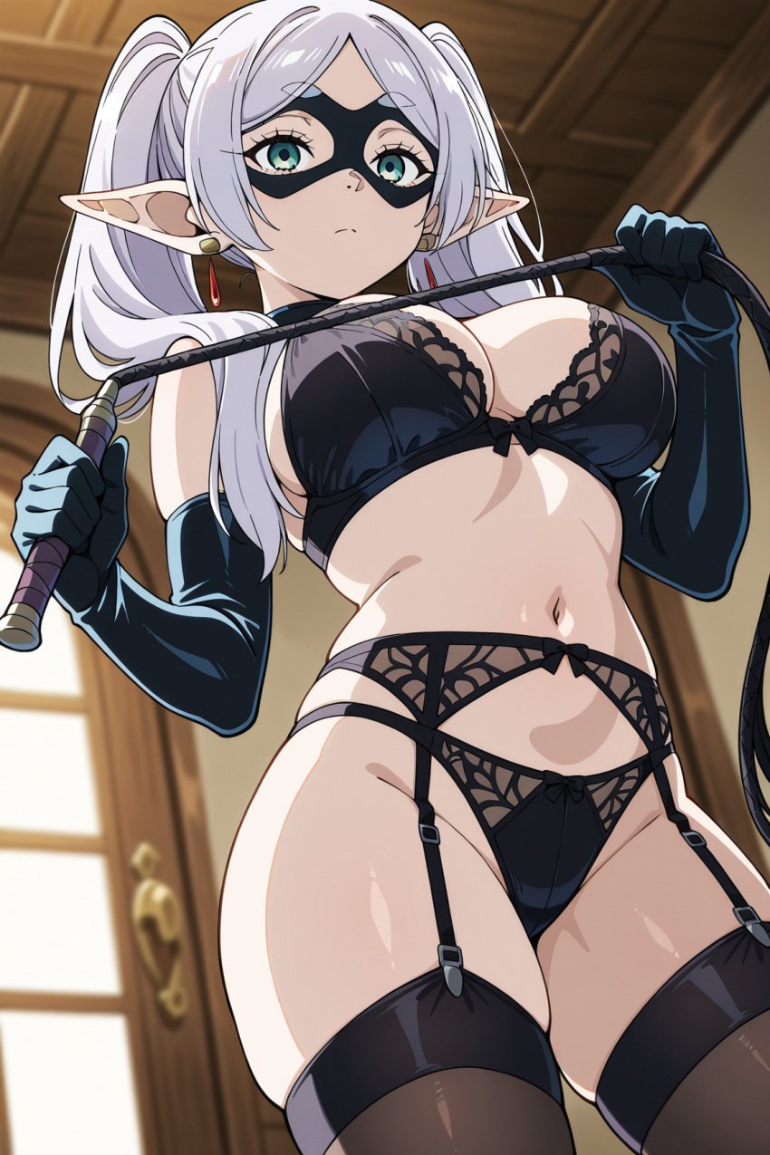 1girls ai_generated black_bra black_panties domino_mask earrings elbow_gloves elf_female frieren frieren_beyond_journey&#039;s_end frown garter_belt_leggings green_eyes holding_whip looking_at_viewer solo white_hair