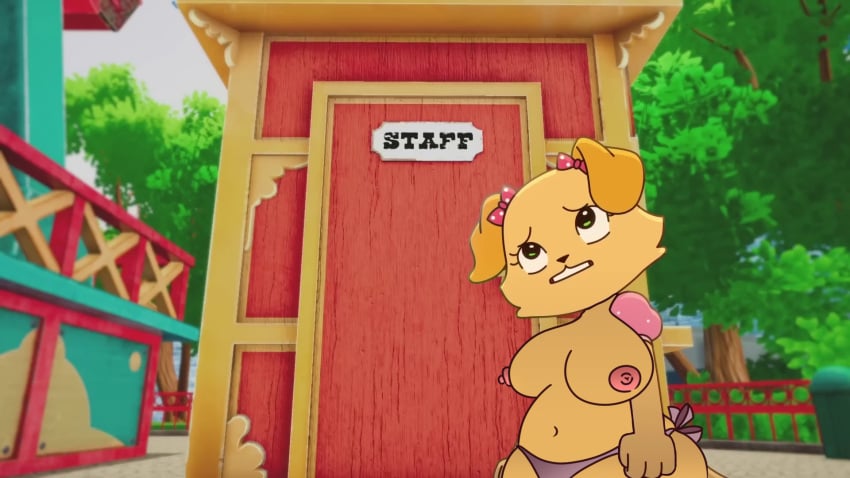 1girls amusement_park anthro breasts canid canine canine canis cub domestic_dog edit edited ella_(giggleland) exposed exposed_body exposed_breasts exposed_panties eyebrows eyelashes female female_only floppy_ears giggleland golden_retriever green_eyes hairbow looking_up naked outside panties sparkles tan_fur thick_ass thick_thighs young young_anthro