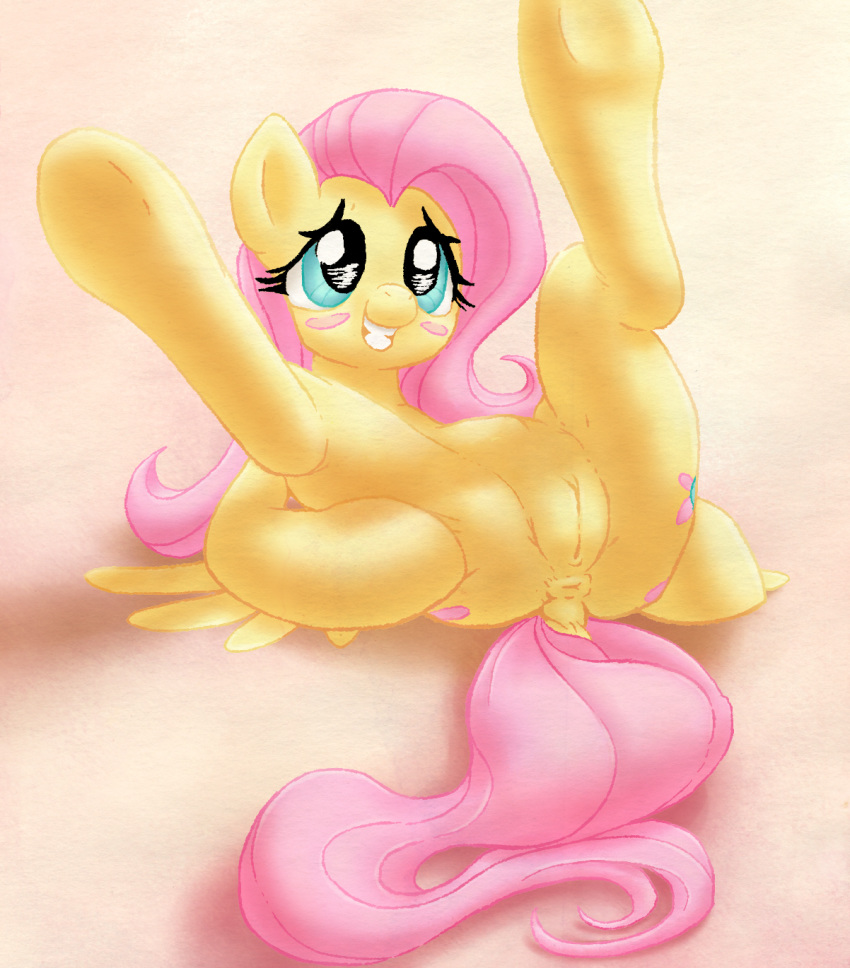 2013 anus blush chromaskunk cutie_mark equine female feral fluttershy_(mlp) friendship_is_magic fur hair horse legs_up long_hair lying my_little_pony on_back pegasus pink_hair pony presenting pussy solo stoic5 wings yellow_fur