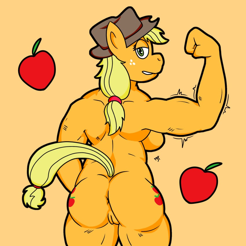 1:1 anthro anus apple applejack_(mlp) ass biped blonde_hair breasts clothing cowboy_hat cutie_mark digital_media_(artwork) earth_pony equid equine female female_anthro flexing flexing_bicep food freckles friendship_is_magic fruit genitals green_eyes hair hasbro hat hat_only headgear headgear_only headwear headwear_only hi_res horse humanoid_vulva iced-tea looking_at_viewer mammal mostly_nude muscular muscular_anthro muscular_female my_little_pony plant pony smile solo tail