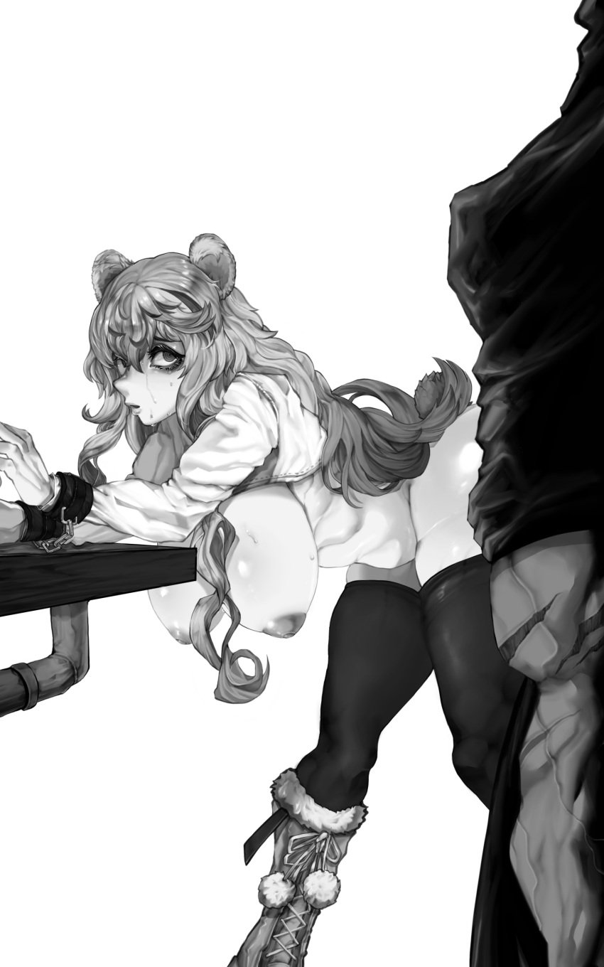 animal_ears arknights bound_wrists breasts female imminent_rape monochrome ohtaesik rosa_(arknights) thighhighs