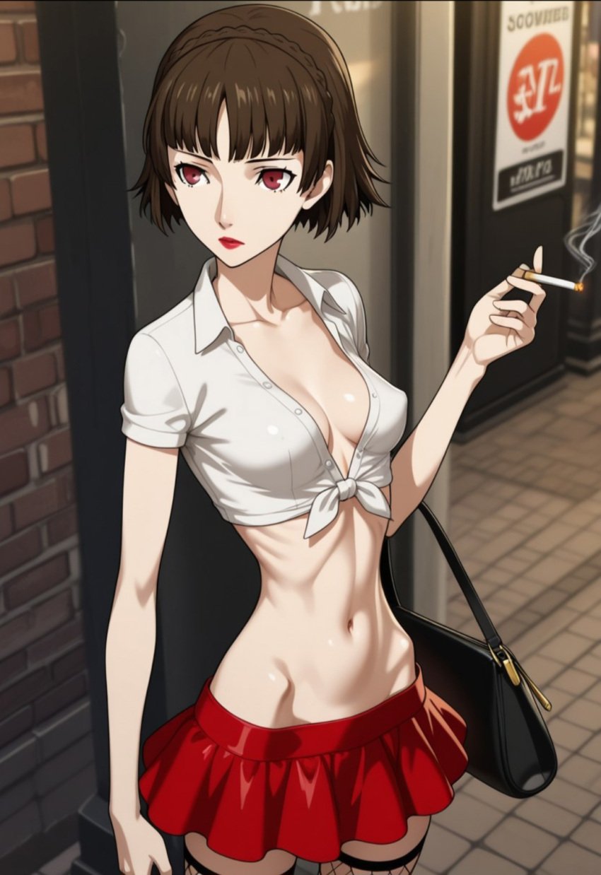 ai_generated brown_hair cigarette city cleavage cropped_shirt emaciated fishnets flat_belly hip_bones makeup makoto_niijima miniskirt narrow_waist perky_breasts persona persona_5 petite prostitute prostitution purse red_eyes red_lipstick ribs sex_slave skimpy_clothes skinny slim_waist stockings street tied_shirt whored_out