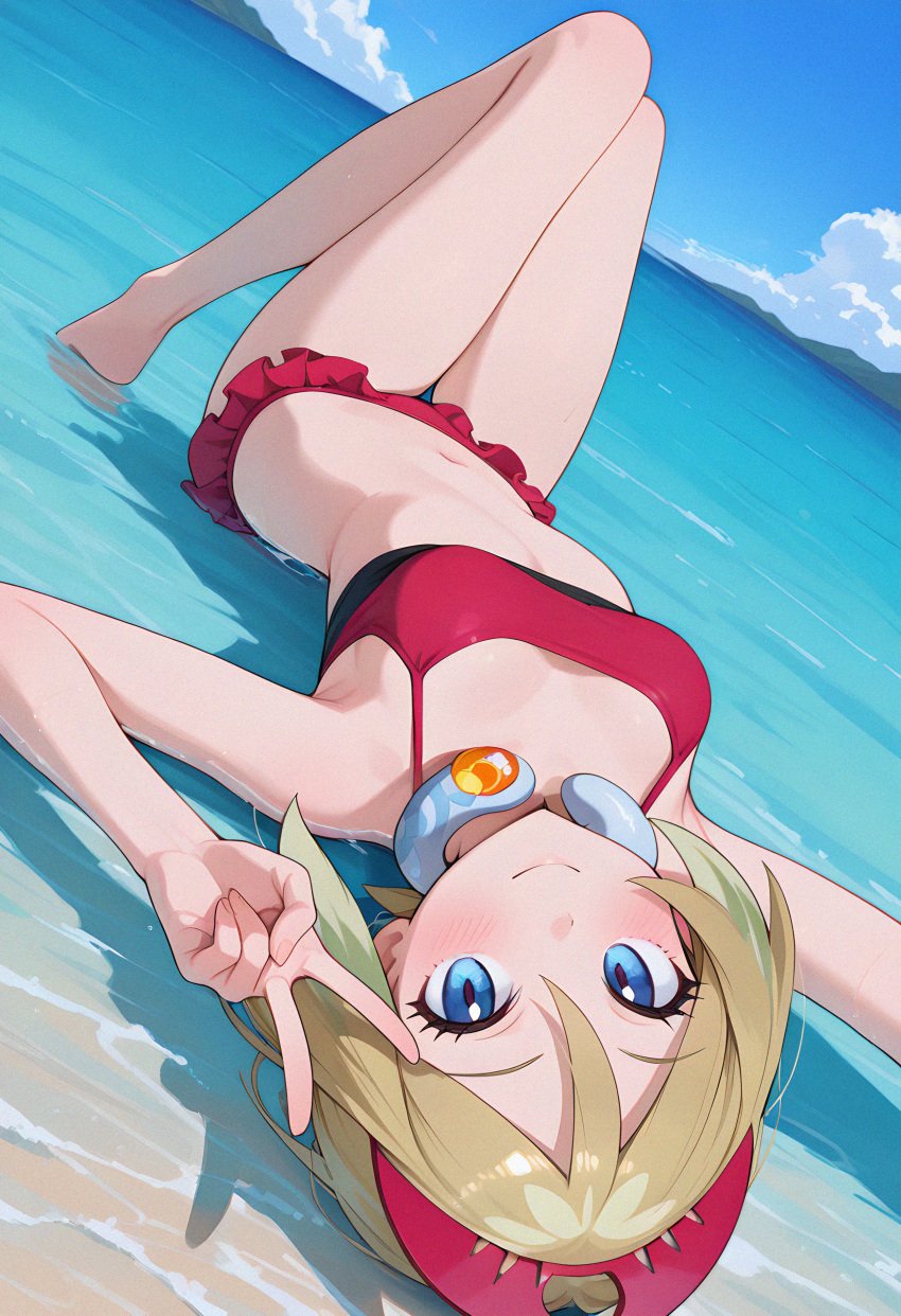 1girls ai_generated bikini blonde_hair blue_eyes female female_only irida_(pokemon) owari_wan pokemon pokemon_legends:_arceus swimsuit