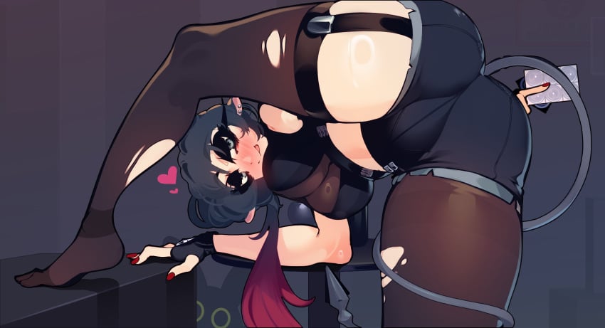 animal_humanoid ass bent_over big_breasts black_hair blush blush_lines bottomwear breasts camel_toe clothing colored_nails condom digital_drawing_(artwork) digital_media_(artwork) eyelashes female fingerless_gloves garter_belt garter_straps gloves gradient_hair hair handwear hanging_breasts heart_symbol hi_res holding_condom holding_object humanoid jane_doe_(zenless_zone_zero) long_eyelashes long_hair looking_at_viewer looking_back looking_back_at_viewer mammal mammal_humanoid mihoyo murid murid_humanoid murine murine_humanoid nails rat_humanoid rear_view red_nails rodent rodent_humanoid sachiko sachiko2s sexual_barrier_device shorts smile smiling_at_viewer solo tail tailed_humanoid thiren tongue tongue_out torn_thigh_highs zenless_zone_zero
