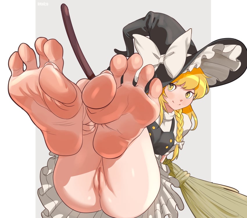 big_toes_down blonde_hair bottomless commission feet feet_fetish feet_focus flexible_toes foot_fetish foot_focus hat marisa_kirisame pussy soles staerk toes touhou