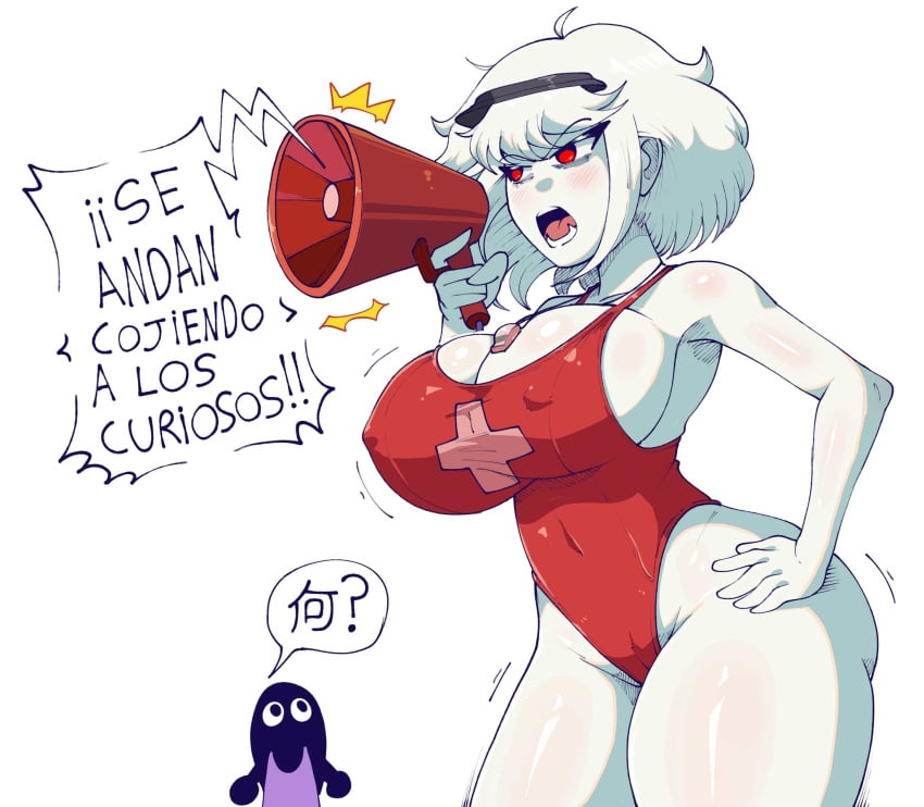 albina_(tidal) albino child_bearing_hips curvy_figure huge_breasts latina light-skinned_female red_eyes short_hair_female swimsuit text_bubble thighs tidal_(artist) white_hair_female