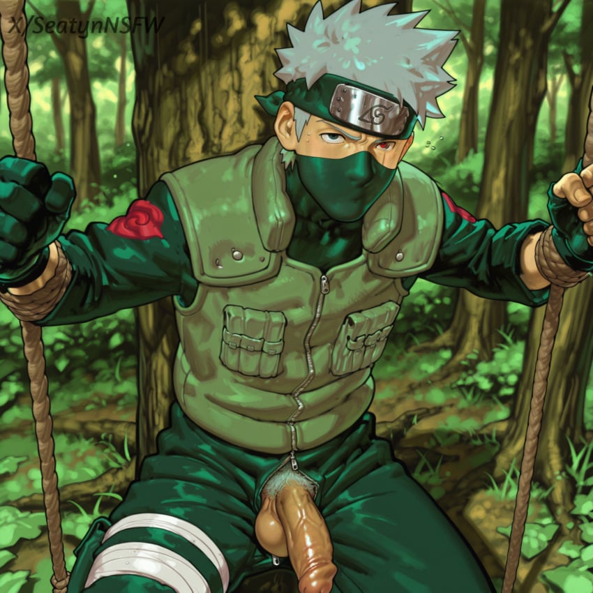1boy ai_generated anime clothing flaccid_penis gay green_clothing hatake_kakashi kakashi_hatake male male_focus naruto naruto_(series) naruto_shippuden ninja pubic_hair seatyn_nsfw solo tied white_hair white_pubic_hair yaoi