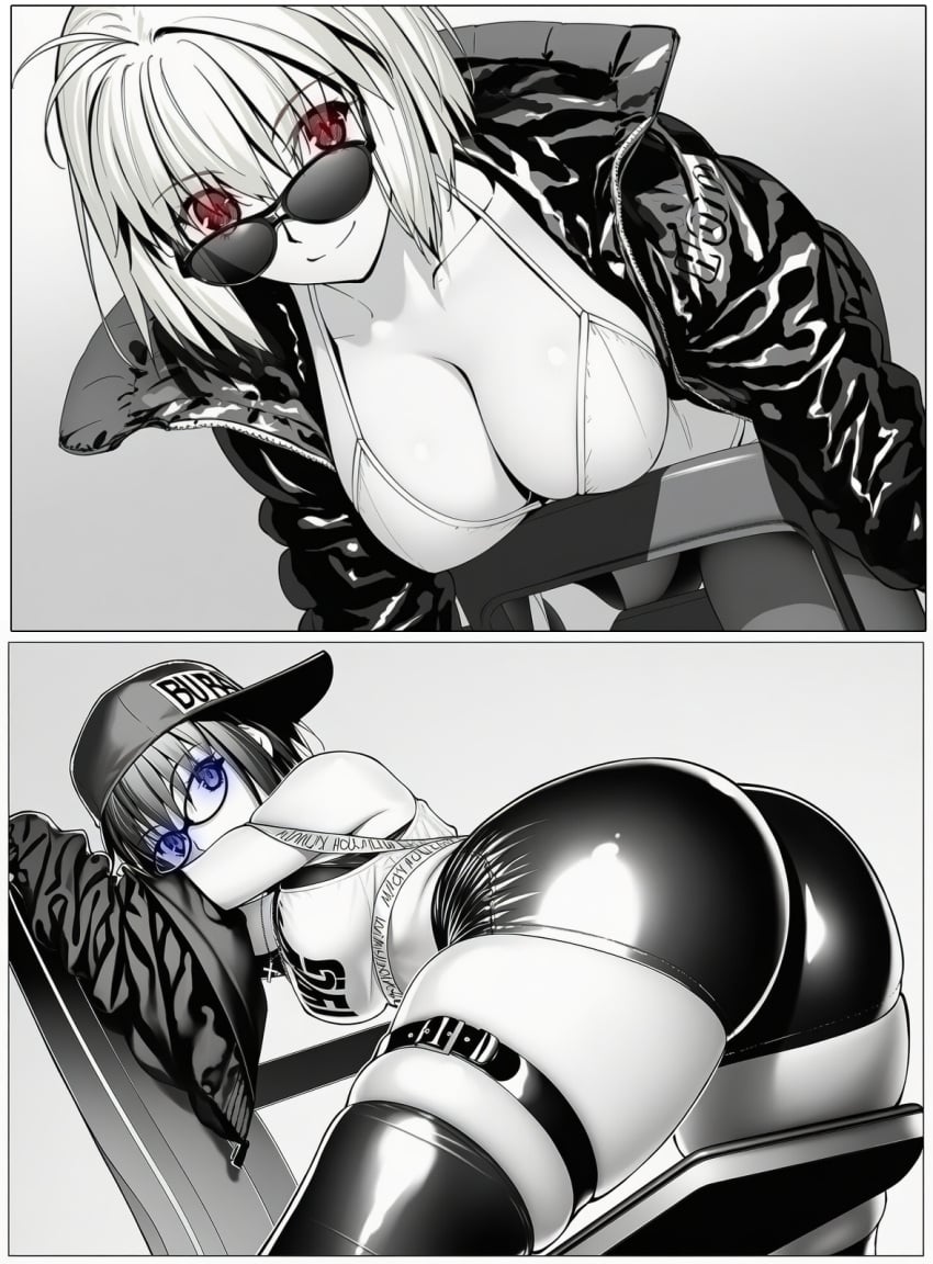2girls adjusting_eyewear ai_generated alternate_costume arcueid_brunestud ass ass ass_focus big_ass bitch black_cap black_shorts blue_eyes breasts cap ciel_(tsukihime) cleavage cleavage_cutout female ghetto ghetto_fashion hips huge_ass huge_breasts large_ass large_breasts melty_blood midriff mini_short monochrome navel necklace plump red_eyes shirt shorts smile sunglasses thick thick_thighs thighhighs thighs tinted_eyewear tsukihime white_shirt wide_hips