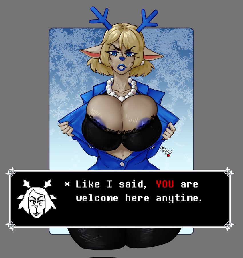 areola_slip black_bra blonde_hair blue_eyes carol_holiday deltarune deltarune_chapter_4 furry hag mature milf office_lady peeking_nipple pushing_breasts_together sindio suit text_box undertale