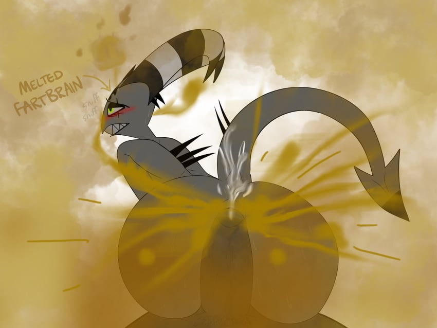blitzo_(helluva_boss) blushing cumming fart fart_cloud farting greyscale helluva_boss sharkcheeks vivienne_medrano vivziepop