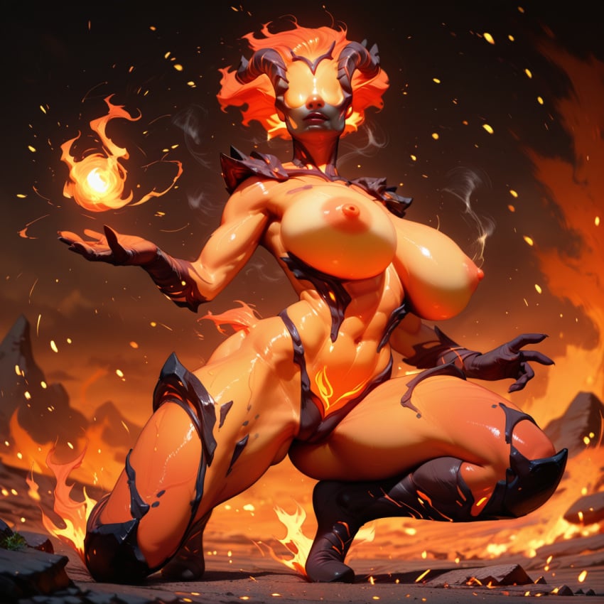 ai_generated bethesda breasts c.c.leah female fire_elemental fire_hair fireball flame_atronach huge_breasts monster monster_girl oblivion orange_skin outdoors solo the_elder_scrolls the_elder_scrolls_iv:_oblivion