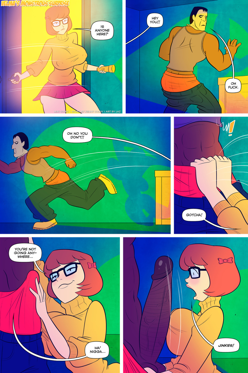 comic dark-skinned_male dark_skin female frankenstein's_monster glasses human interracial kennycomix laz_(madefromlazers) male penis penis_awe scooby-doo straight velma_dinkley