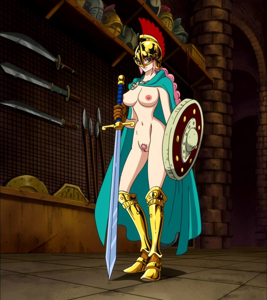 1girls armor bikini_armor braid breasts cape clothing female female_only footwear garou_damenade gladiator gladiatrix hair handwear headgear helmet human large_breasts long_hair mostly_nude navel nipples nude nude_filter one_piece outerwear photoshop pink_hair princess pubic_hair pussy rebecca_(one_piece) shield solo standing sword uncensored unshaved_pussy weapon