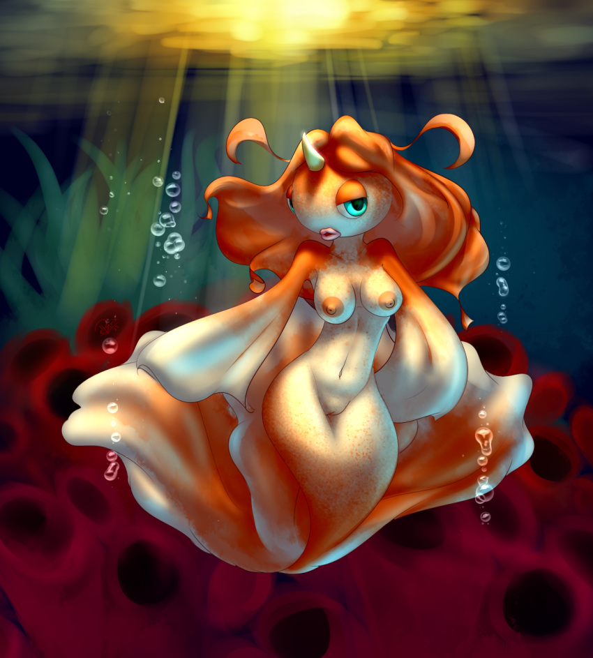 afternoon anthro anthro_only anthrofied breasts bubble elpatrixf female fish goldeen hair hi_res horn light long_hair looking_at_viewer marine navel nintendo nipples nude open_mouth orange_hair outside pokemon pussy solo sun sunlight teal_eyes underwater video_games water