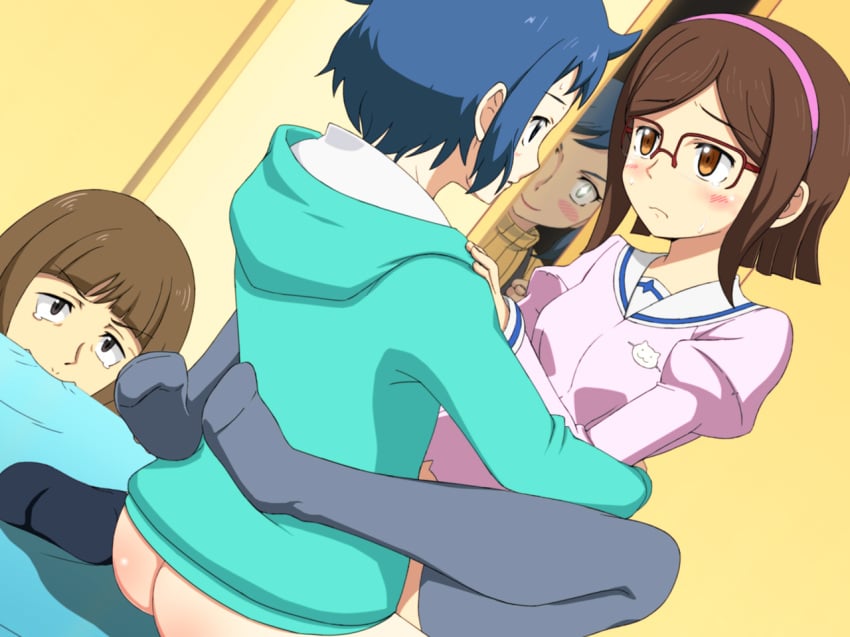 2boys 2girls apron bed bed_sheet being_watched black_legwear blue_hair blush breasts brown_eyes brown_hair glasses gundam gundam_build_fighters hairband hiding iori_rinko iori_sei kneehighs kousaka_china leggings legwear long_hair milf peeking_out peeping ribbed_sweater sazaki_susumu school_uniform sex short_hair smile socks spread_legs sweat sweatdrop sweater symbol-shaped_pupils tears thighhighs thighs turtleneck voyeurism