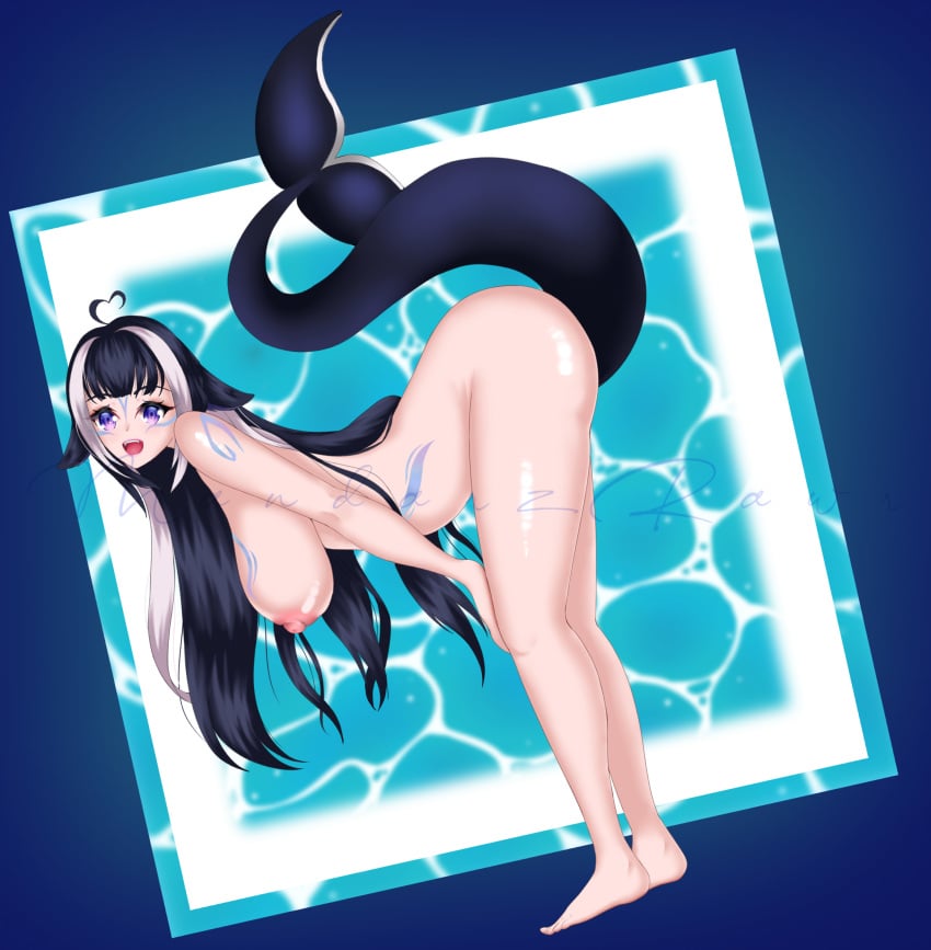 areolae black_hair body_markings breasts erect_nipples erection facial_markings feet hanging_breasts indie_virtual_youtuber large_breasts leaning leaning_forward light-skinned_female light_skin mandarzrawrlewd nipples nude nude_female orca orca_girl orca_hood orca_humanoid orca_tail purple_eyes shylily virtual_youtuber white_highlights