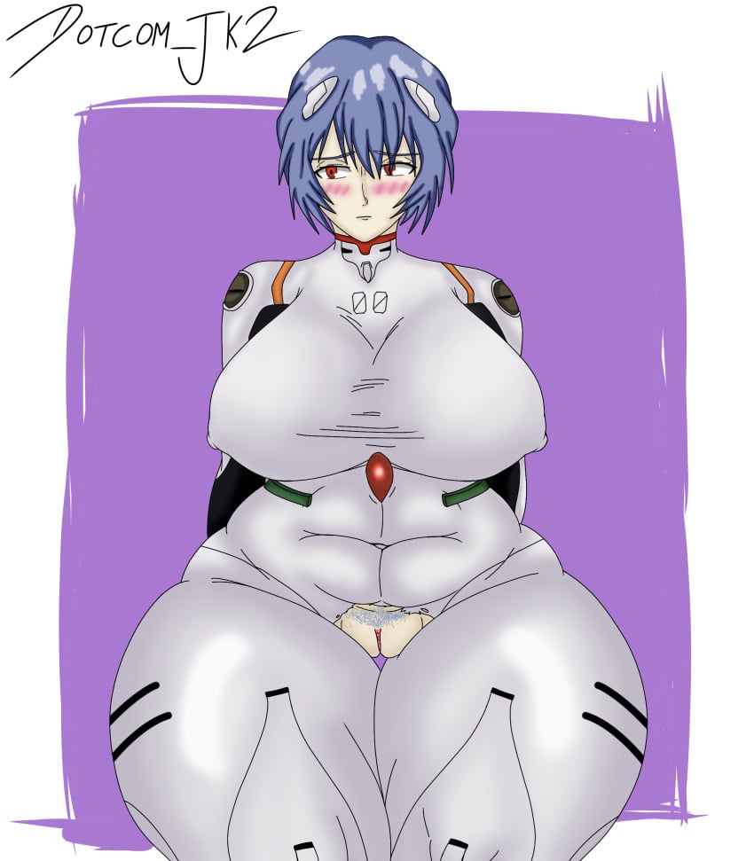 1girls big_breasts big_thighs blue_hair chubby_female embarrassed enormous_thighs flushed front_view hairy_pussy looking_away neon_genesis_evangelion pussy pussy_hair red_eyes rei_ayanami ripped_clothing simple_background sitting suit