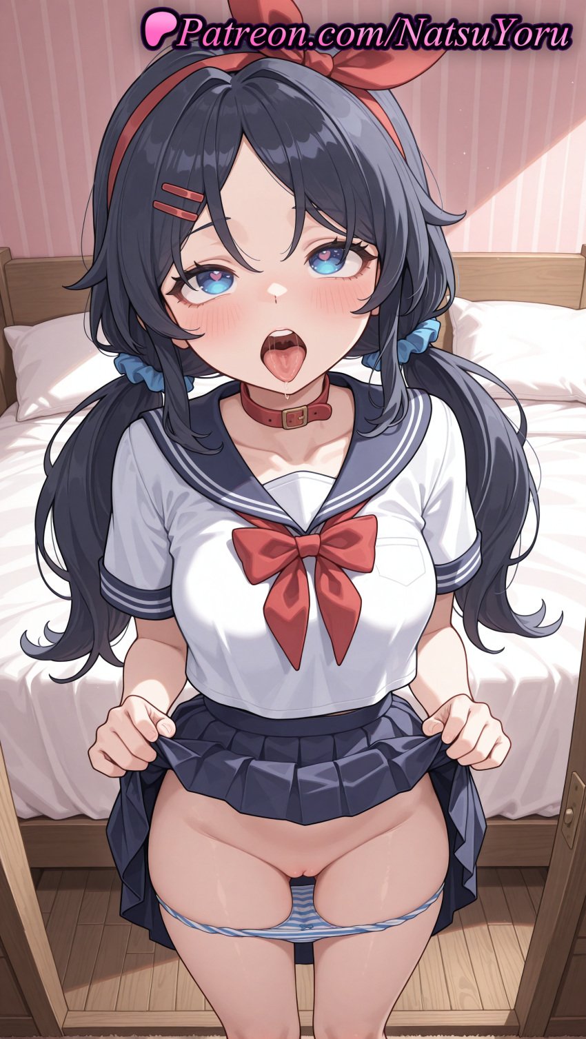 1girls ai_generated anime anime_style bangs bed bedroom belt_collar black_hair black_skirt blue_eyes blue_hair blue_panties blue_sailor_collar blue_scrunchie blue_skirt blush bow bowtie breasts bust busty cleft_of_venus clothes_lift collar collarbone crazy_mita_(miside) female female_focus female_only female_solo groin hair_ornament hair_ribbon hair_scrunchie hairband hairclip heart heart-shaped_pupils hentai hi_res high_quality high_resolution highres indoors lifted_by_self long_hair looking_at_viewer looking_up low_twintails medium_breasts miniskirt miside mita_(miside) natsuyoru neckerchief on_bed open_mouth paipan panties pantsu panty_pull parted_bangs patreon pillow pleated_skirt pussy red_bow red_bowtie red_collar red_hairband red_neckerchief red_ribbon ribbon sailor_collar sailor_uniform school_uniform scrunchie serafuku shaved_vagina shirt short_sleeves skirt skirt_lift socks solo solo_female standing striped striped_clothes striped_panties symbol-shaped_pupils teeth thighs tongue tongue_out twintails uncensored underwear vagina voluptuous voluptuous_female white_shirt wooden_floor