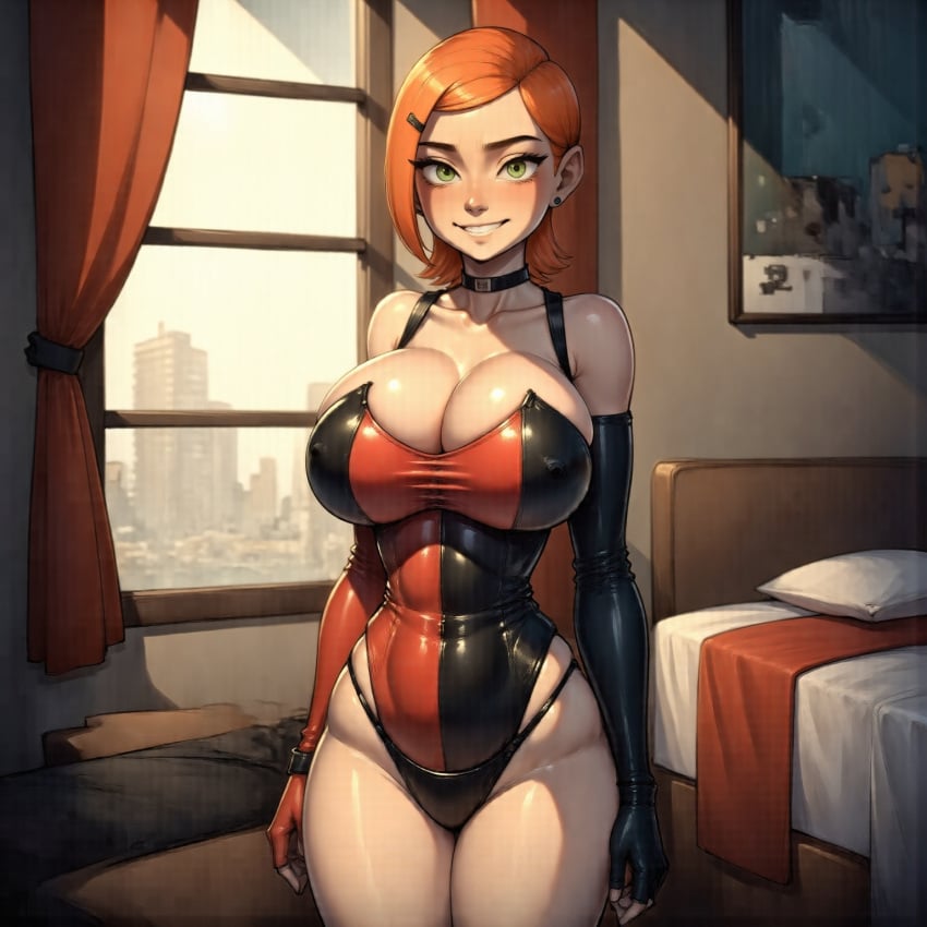 ai_generated artist_request ben_10 big_breasts blue_clothing blush breasts earrings female female_focus female_only ginger ginger_hair gwen_tennyson huge_breasts muscular muscular_female orange_hair short_hair shorts