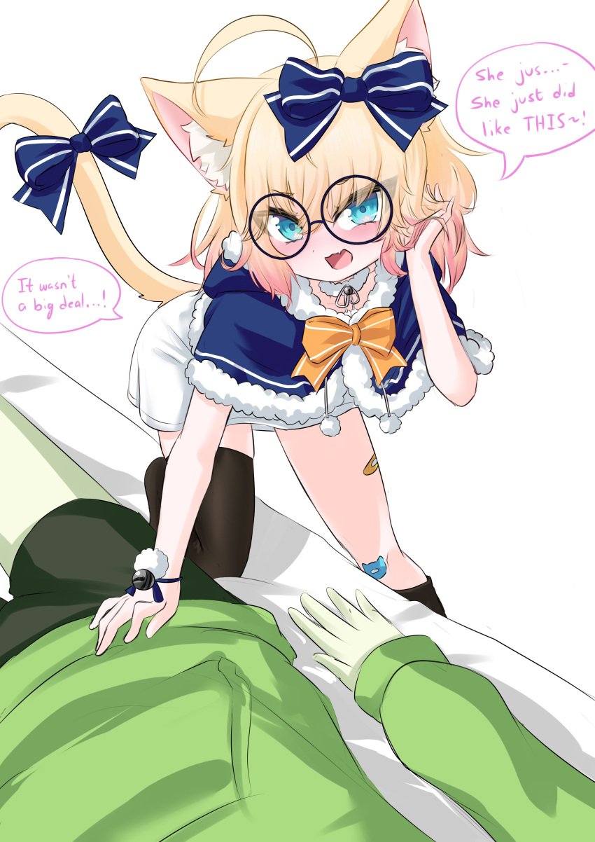 1boy 2025 adjusting_hair blonde_hair catgirl duo english_text female glasses green_skin leaning_forward looking_at_viewer minikomew pov ritspi speech_bubble talking_to_viewer vedal987 virtual_youtuber vtuber