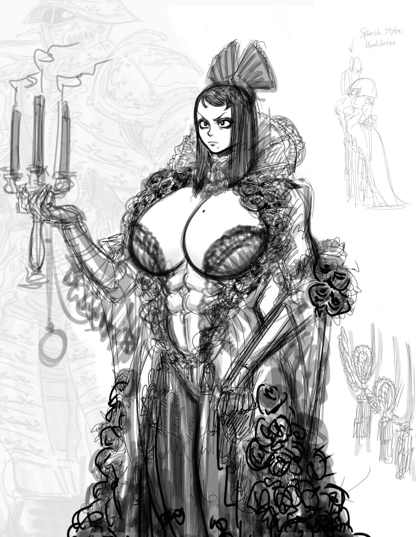 1girls abs beauty_mark big_breasts black_hair breasts candles cleavage dress frown frowning giant_breasts gothic huge_breasts long_hair monochrome no_visible_genitalia skellyjacks1 tagme