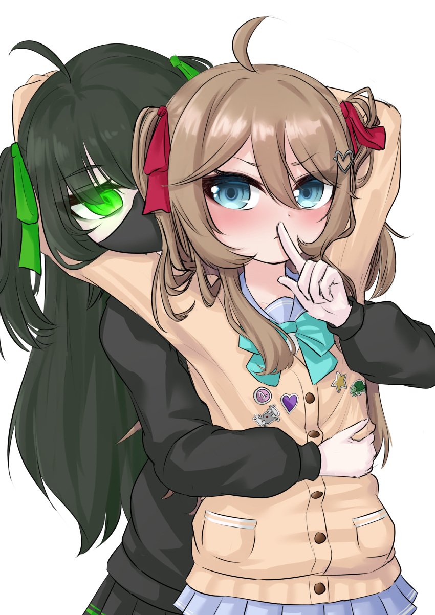 2025 2girls black_hair blue_eyes brown_hair cardigan duo face_mask fan_character filter-sama glowing_eyes green_eyes hair_ribbon hug hugging hugging_from_behind long_hair nere_(klef) neuro-sama pale_skin ritspi shushing twintails virtual_youtuber vtuber