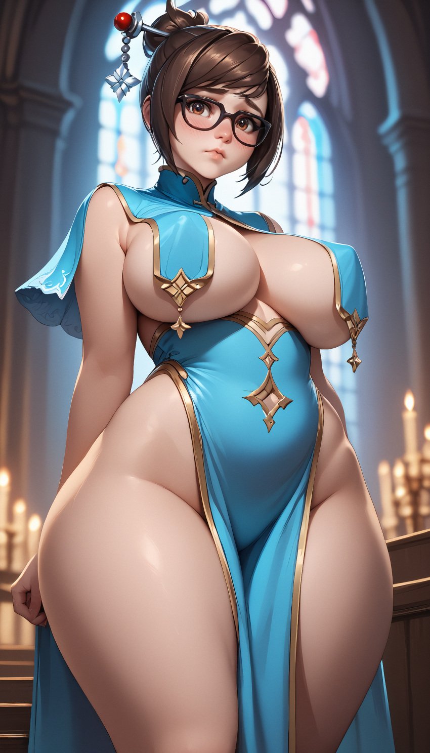 ai_generated blush breast_curtains brown_eyes brown_hair church dreamyai glasses large_breasts looking_at_viewer mei_(overwatch) overwatch pelvic_curtain shy thick_thighs underboob wide_hips