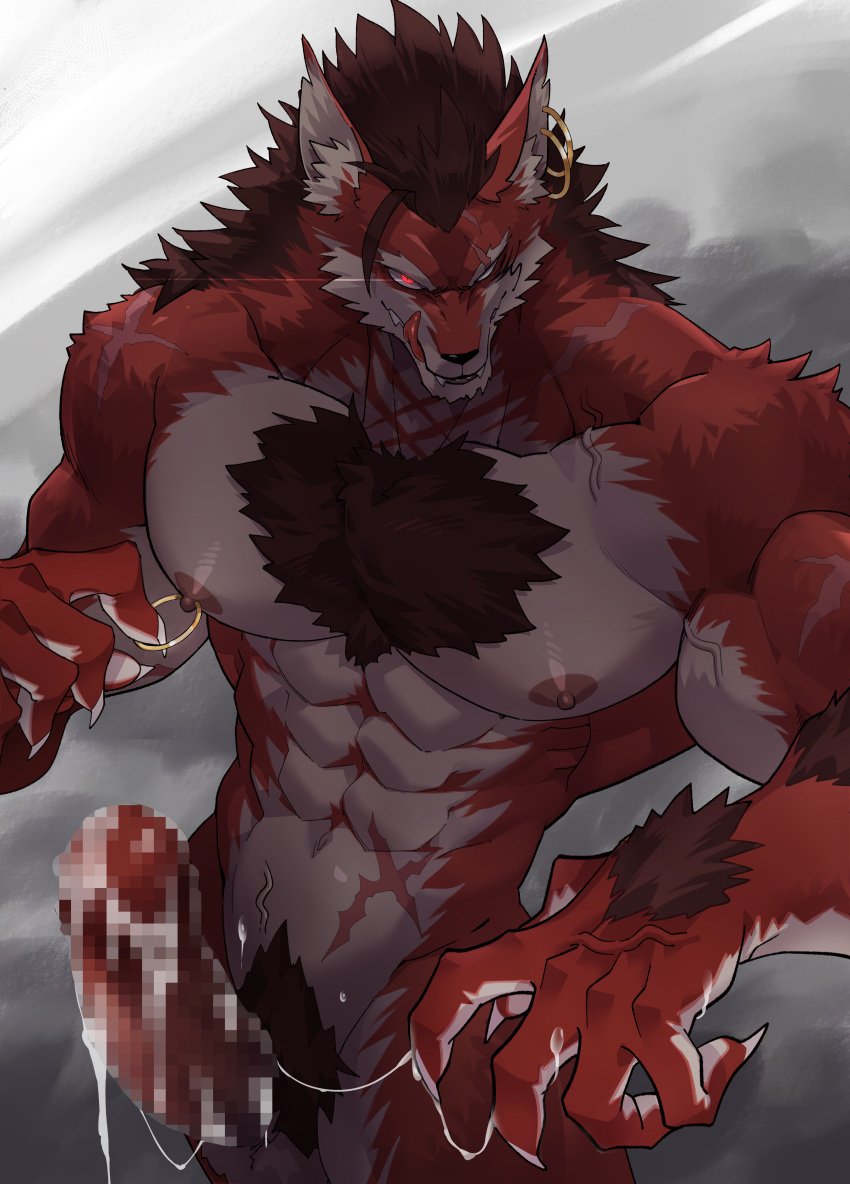 absurd_res breasts canid canine canis censored ear_piercing hi_res lee_(zark) male mammal mosaic_censorship muscular mythological_canine mythological_creature mythology nipple_piercing nipples piercing red_body red_eyes scar warrior werecanid werecanine werecreature werewolf wolf