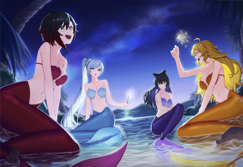 2d 2d_(artwork) 2d_artwork 4girls amber_eyes bare_arms bare_back bare_midriff bare_shoulders beach beach_background belly_button big_breasts black_hair blake_belladonna blonde_hair blue_eyes blue_seashell blue_tail bow bow_ribbon cat_ears cleavage earrings faunus female female_only girls girls_only half_naked inner_sideboob long_hair long_ponytail medium_breasts mermaid mermaid_girl mermaid_tail midriff navel night night_sky only_girl overboo palm_tree purple_eyes purple_highlights purple_seashell purple_tail red_highlights red_seashell red_tail rock rocks ruby_rose rwby scar scar_across_eye scar_on_face sea seashell seashell_bikini seashell_bikini_top seashell_bra seaside shooting_star short_hair side_ponytail silver_earrings silver_eyes small_boobs small_breasts sparkle sparkler sparklers sparkles stars team_rwby tropical tropical_background tropical_setting viz_media weiss_schnee white_hair yang_xiao_long yellow_seashell yellow_tail