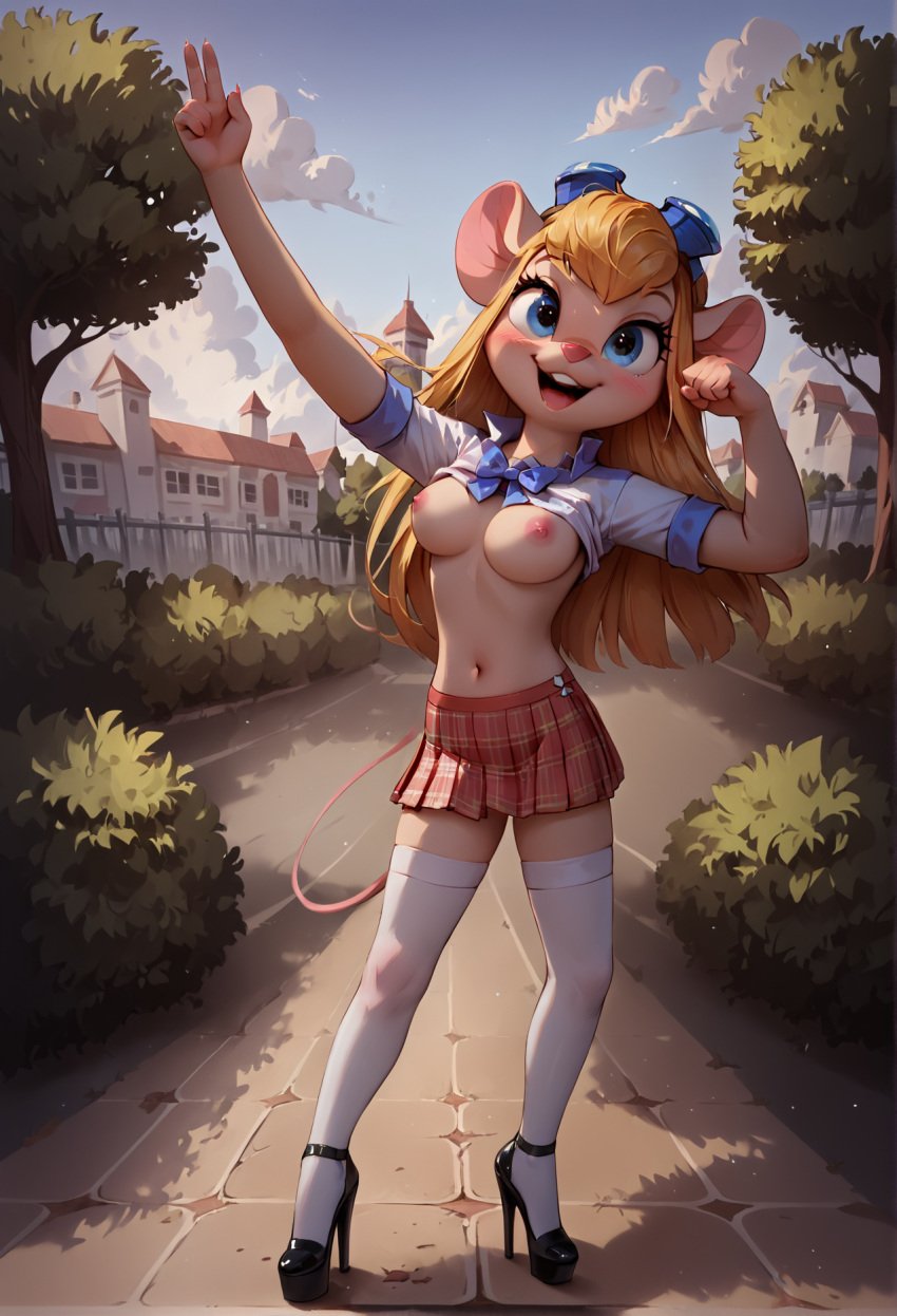 ai_generated breasts chip_'n_dale_rescue_rangers female gadget_hackwrench high_heels miniskirt nipples plaid_skirt school_uniform shirt_lift stockings zyzz_pose