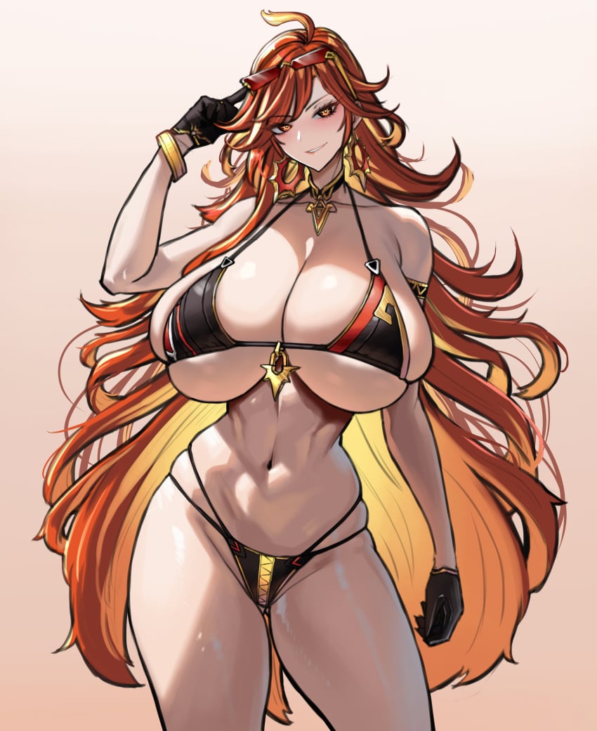 athletic_female bikini confident confident_smile genshin_impact gigantic_breasts mavuika_(genshin_impact) skindentation slender_waist small_waist sunglasses sunglasses_on_head thick_thighs tipping v-shaped_eyebrows wide_hips wolffeld_price