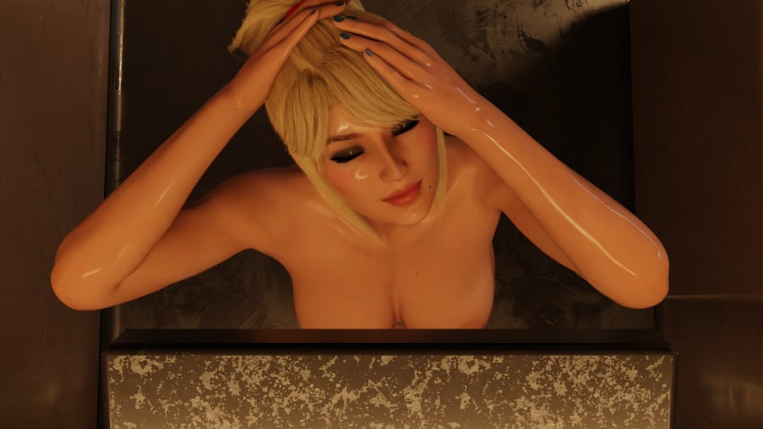 blender blender_cycles blonde_hair breasts convenient_censoring cyberpunk_2077 metroid nude_female samus_aran shower thefizzler wet_body