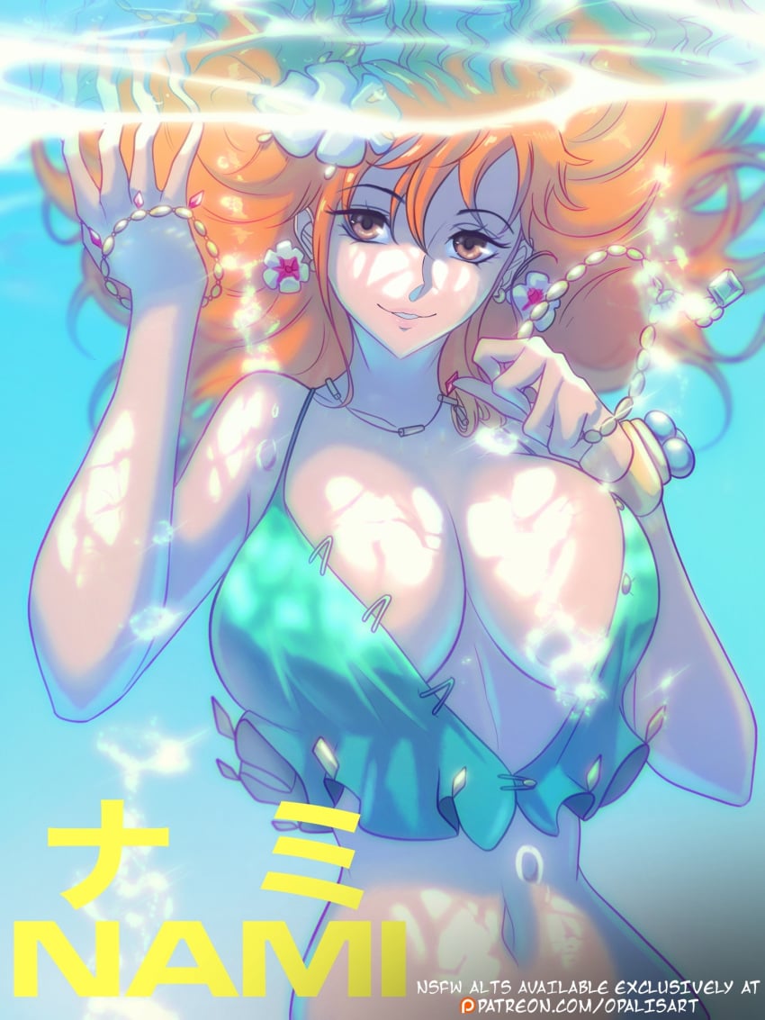 1girls bare_arms bare_shoulders big_breasts blush clothed clothing color female female_focus female_only hi_res large_breasts light-skinned_female light_skin long_hair looking_at_viewer nami nami_(one_piece) one_piece opalisart orange_eyes orange_hair shounen_jump solo solo_female swimwear tagme thick_thighs underwater