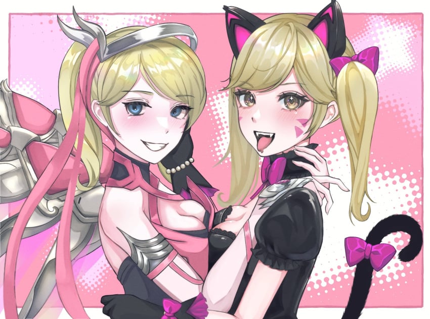 2girls animal_ears artist_request black_cat_d.va black_dress blonde_hair blue_eyes blush bow breast_press cat_ears cat_tail d.va_(overwatch) dress fangs gloves hand_on_another's_face headband highres hug jewelry looking_at_viewer mercy_(overwatch) multiple_girls overwatch pink_mercy ribbon sparkle tail tongue tongue_out twintails wings yellow_eyes yuri