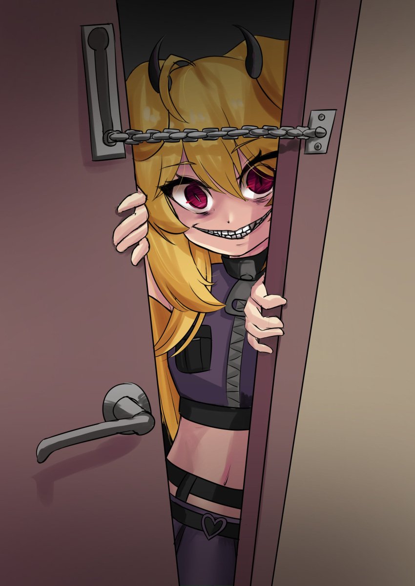 2024 blonde_hair cerbervt creepy_face creepy_smile demon_horns female grin long_hair midriff opening_door purple_clothing red_eyes ritspi solo virtual_youtuber vtuber