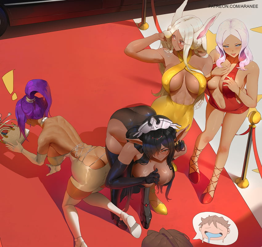 4girls araneesama ass black_hair bleach bubble_butt crossover dark_elf elf elf_ears fire_force hibana huge_breasts kuroinu_~kedakaki_seijo_wa_hakudaku_ni_somaru~ large_breasts long_hair miruko my_hero_academia olga_discordia pink_hair ponytail purple_hair revealing_clothes shihouin_yoruichi voluptuous white_hair