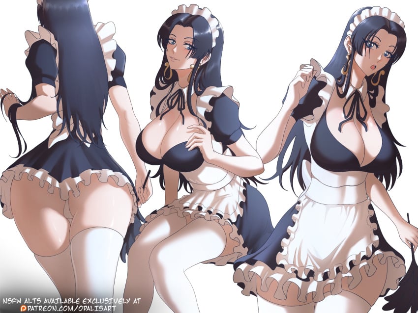 bare_arms bare_shoulders big_breasts black_hair blue_eyes blush boa_hancock clothed clothing color female female_focus female_only hi_res large_breasts light-skinned_female light_skin long_hair looking_at_viewer maid maid_outfit maid_uniform one_piece opalisart shounen_jump solo_female tagme thick_thighs