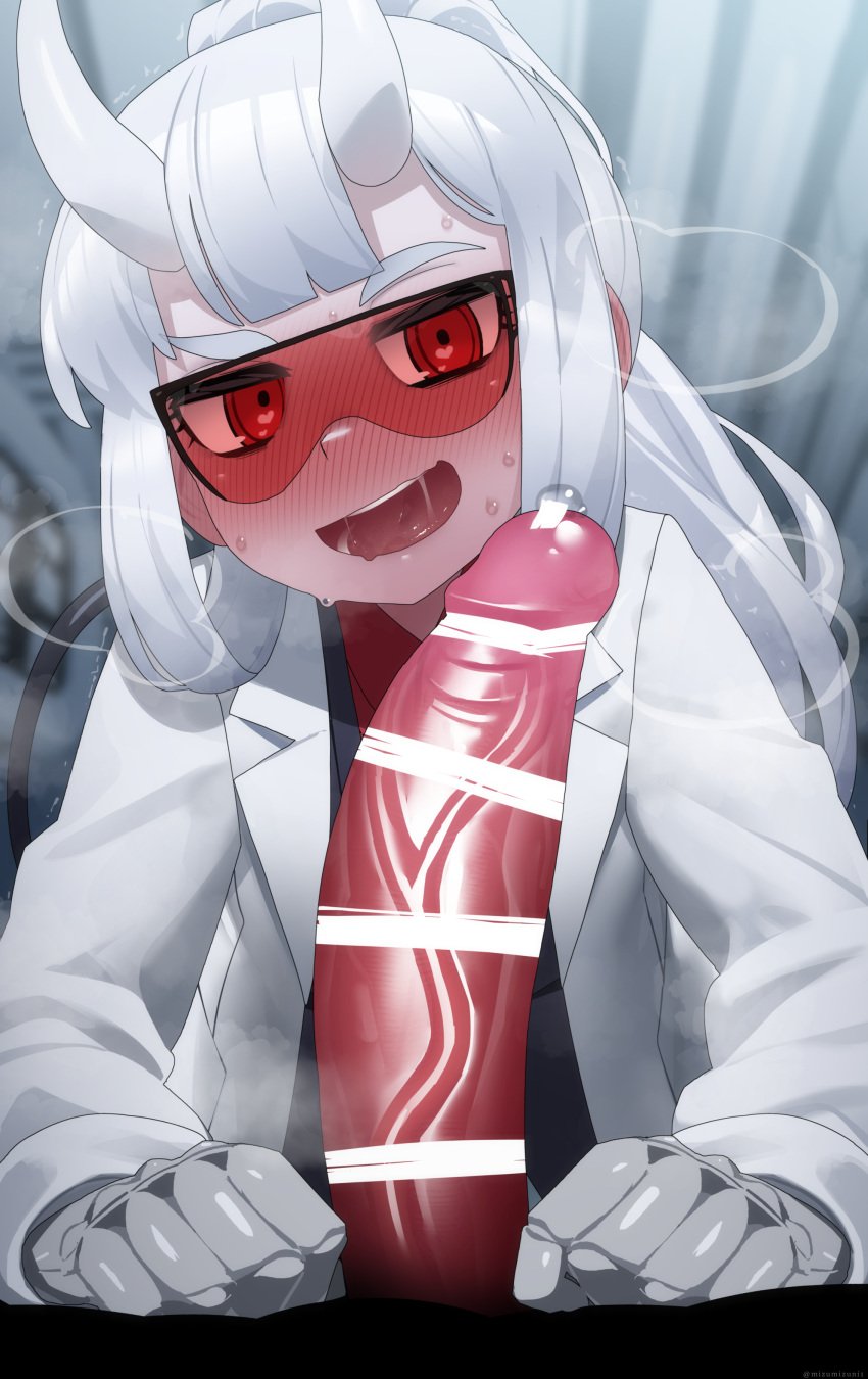 1boy 1girls absurd_res big_penis blush censor_bar censored demon demon_girl demon_tail female helltaker high_resolution horns huge_cock labcoat large_penis long_hair loremaster_(helltaker) mizumizuni penis red-tinted_eyewear red_eyes sweat tail tinted_eyewear veiny_penis visor white_hair