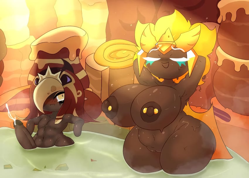 artist_request bath bathing_together big_breasts blush cookie_run cookie_run_kingdom cum dark_skin devsisters golden_cheese_cookie huge_cock muscular_male pool pussy smoked_cheese_cookie sweat thick_thighs